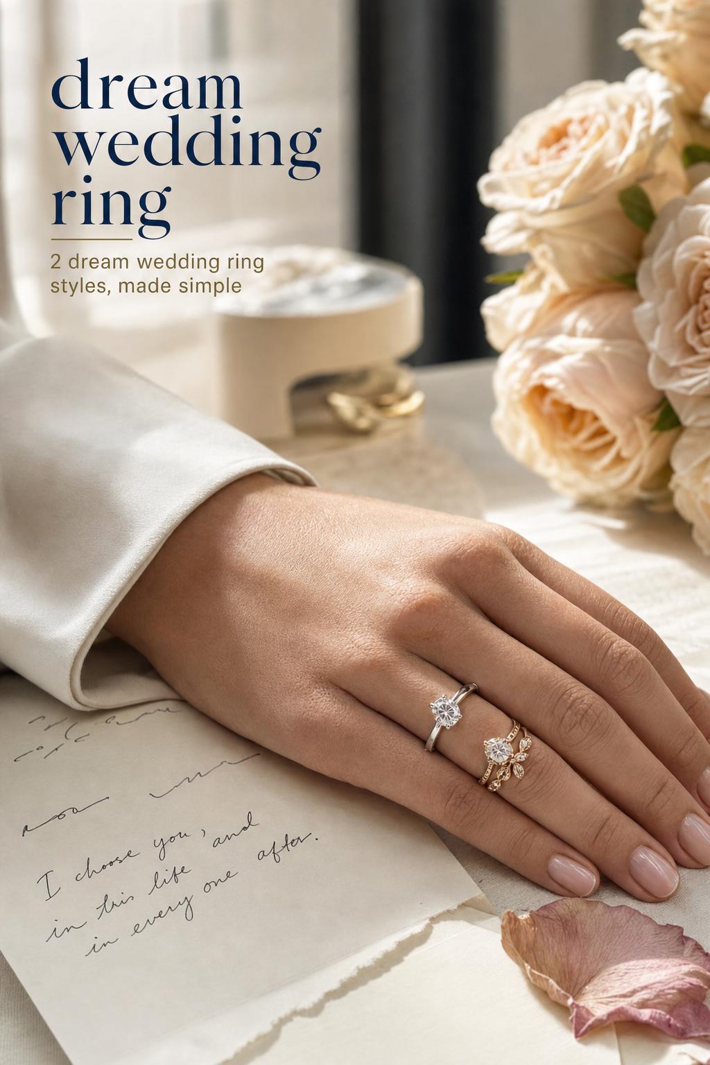 Bride hand close-up comparing two dream wedding ring styles on cream silk table beside vow note and rose petals