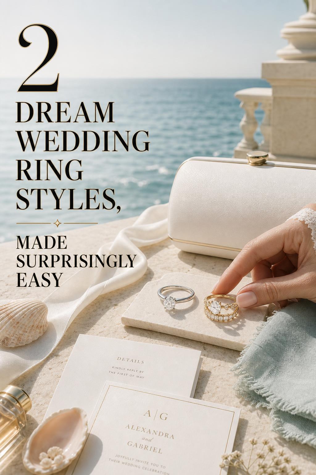 Dream wedding ring styles on a sunlit coastal terrace flat lay with silk ribbon, invitations, and ocean blur