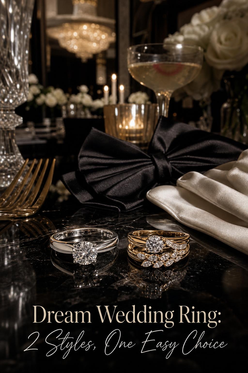 Dream wedding ring close-up of platinum solitaire and engraved gold bands on black marble with ivory glove and tux bow tie