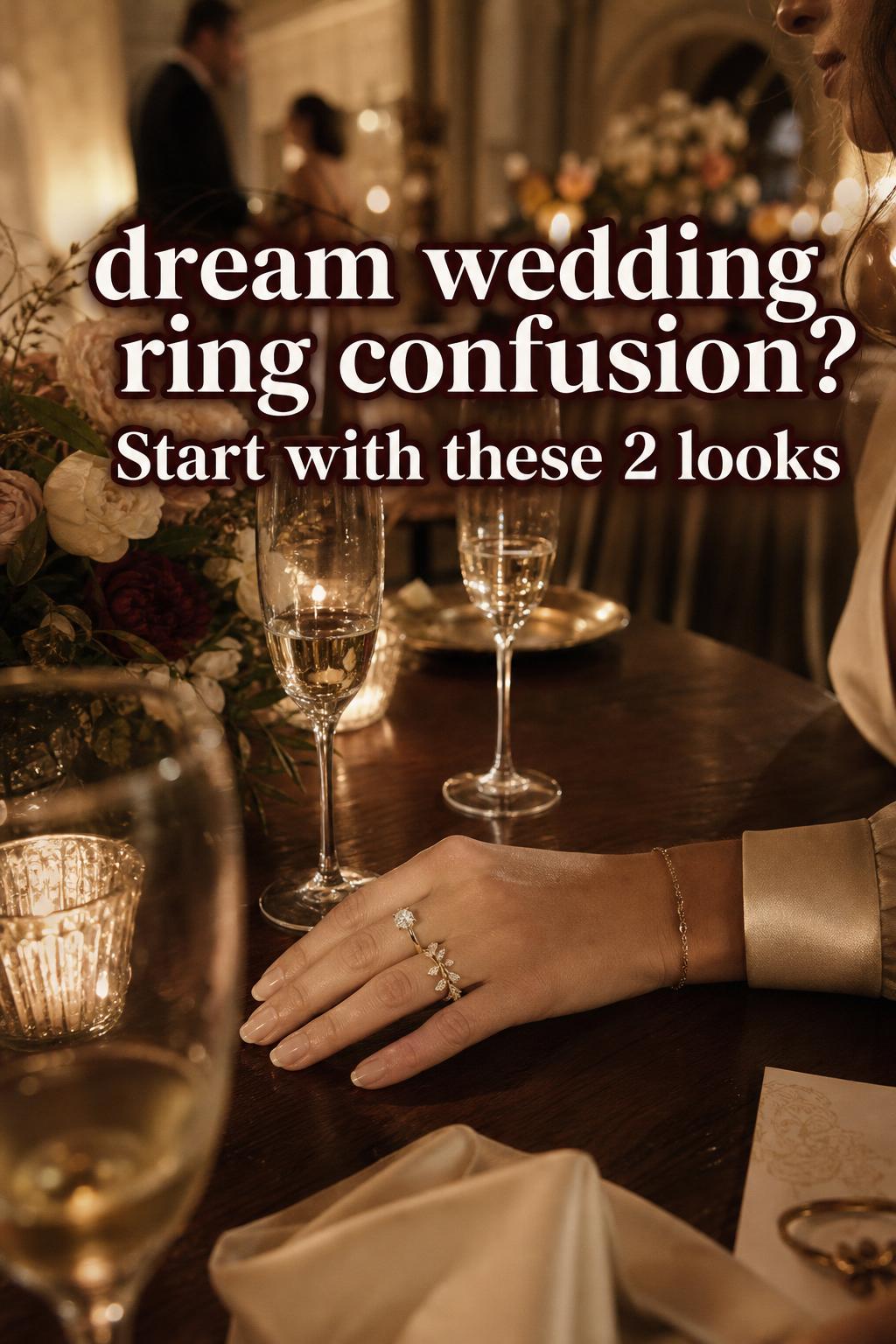Dream wedding ring comparison on bride’s hand with two stacked styles at a candlelit luxury reception table