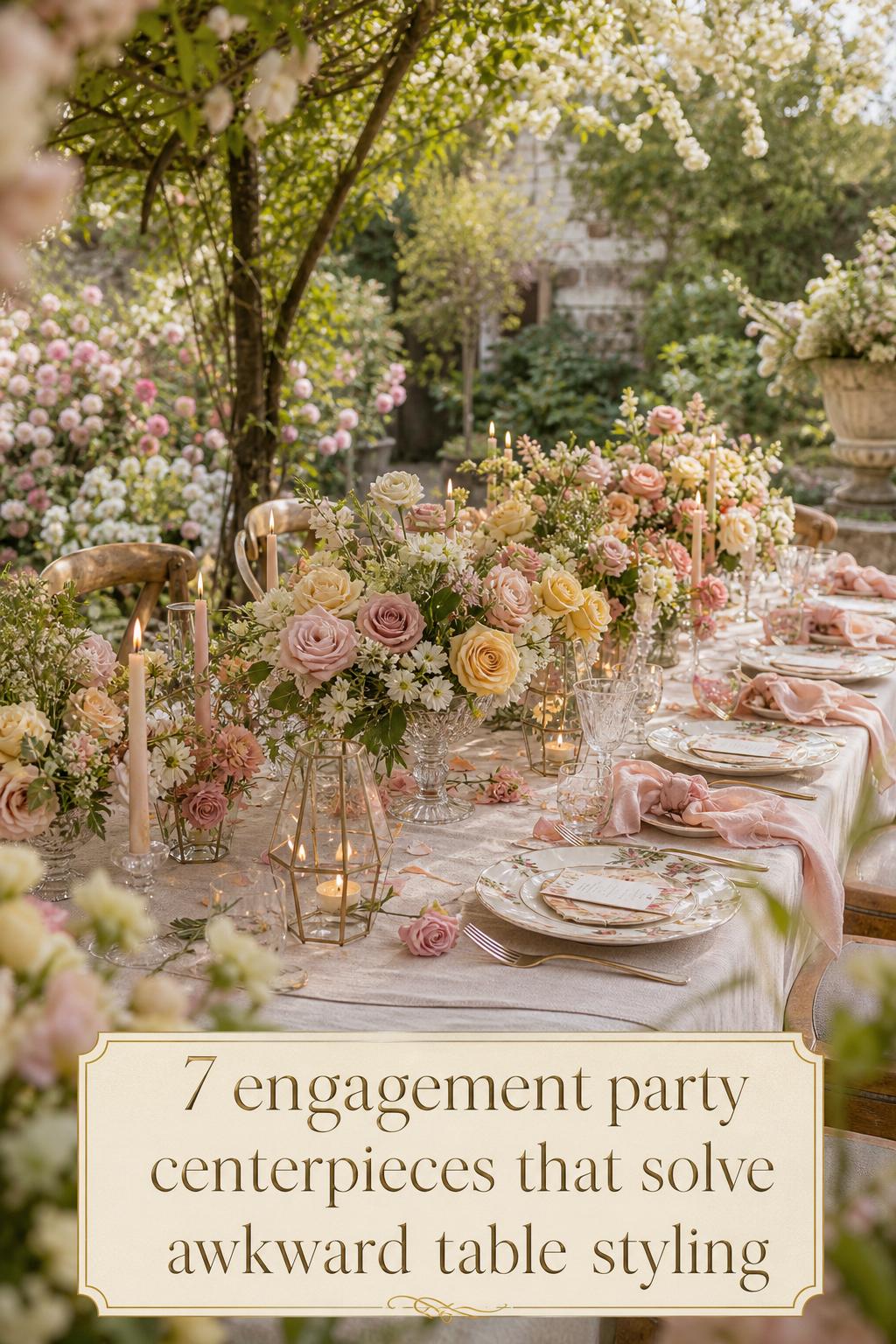 Engagement party centerpieces on a dreamy garden table with blush florals, candles, crystal vases, and airy linen