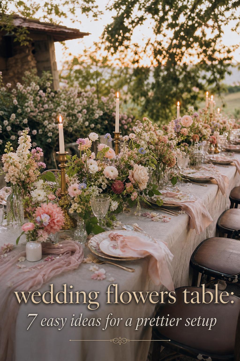 Dreamy garden reception with blush and ivory wedding flowers table, candlelight, and layered florals at golden hour