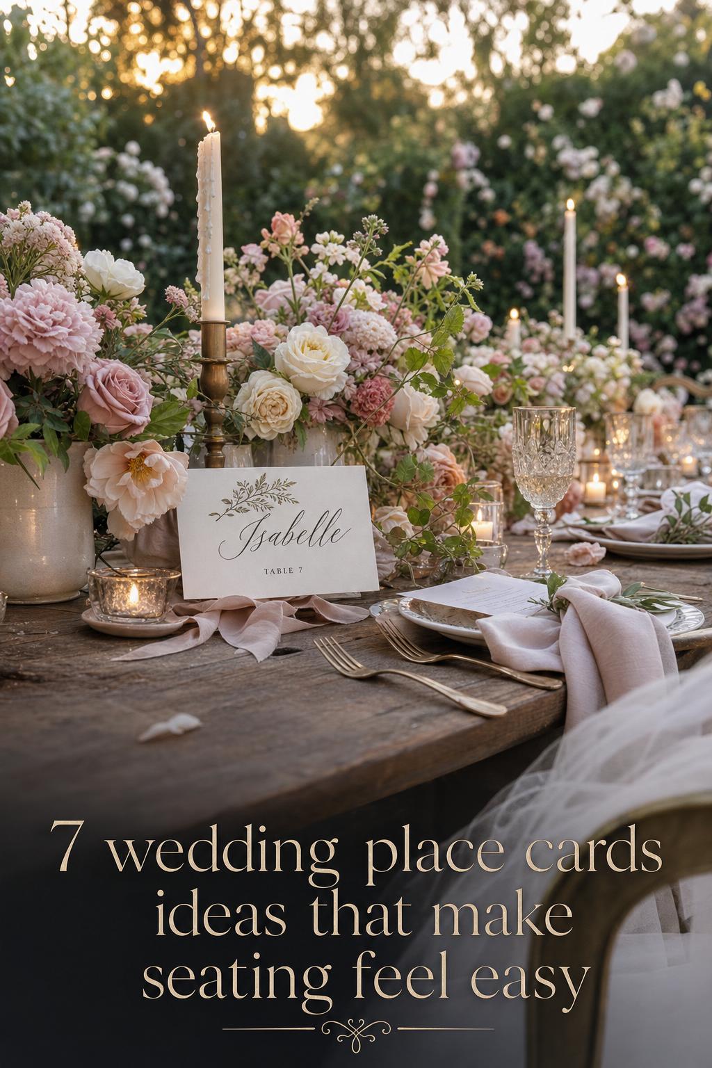 Wedding place cards on an antique wood reception table with blush florals and candlelight in a dreamy garden setting.