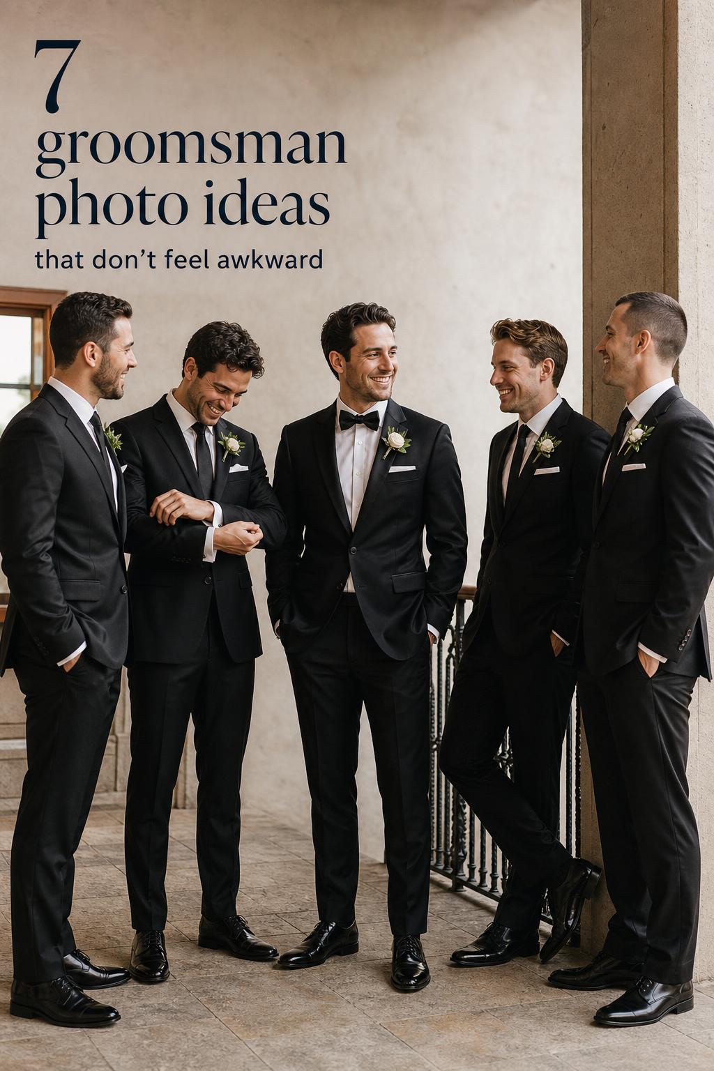 Editorial groomsman photo ideas with groom and 4 groomsmen in tailored suits in a softly lit hotel hallway