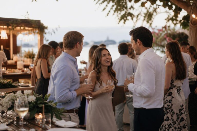 Wedding welcome party ideas with an editorial welcome table, modern signage, and cocktails in soft evening light