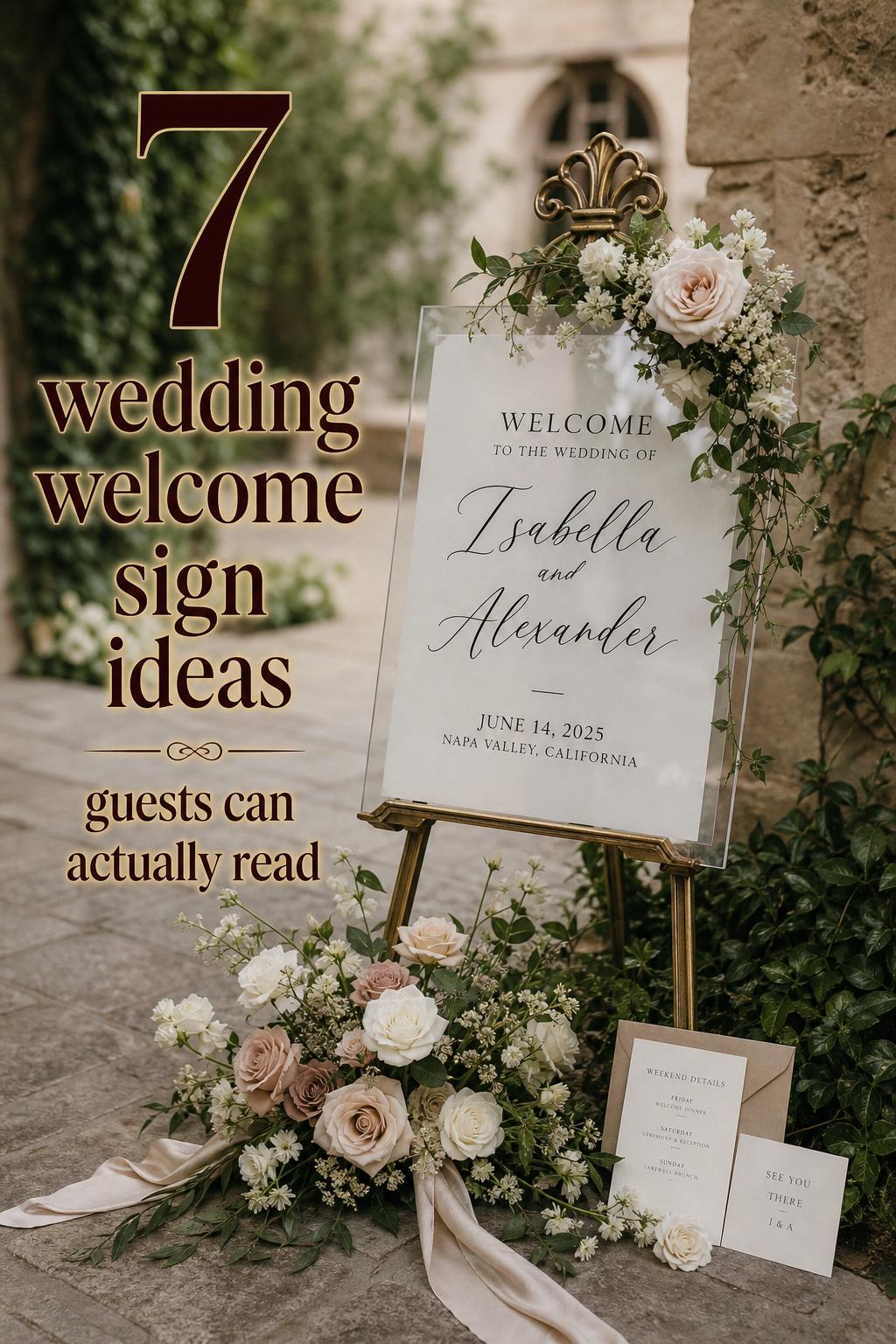 Elegant acrylic wedding welcome sign on brass easel with garden florals at vineyard entrance, text overlay: 7 wedding welcome sign ideas guests can actually read