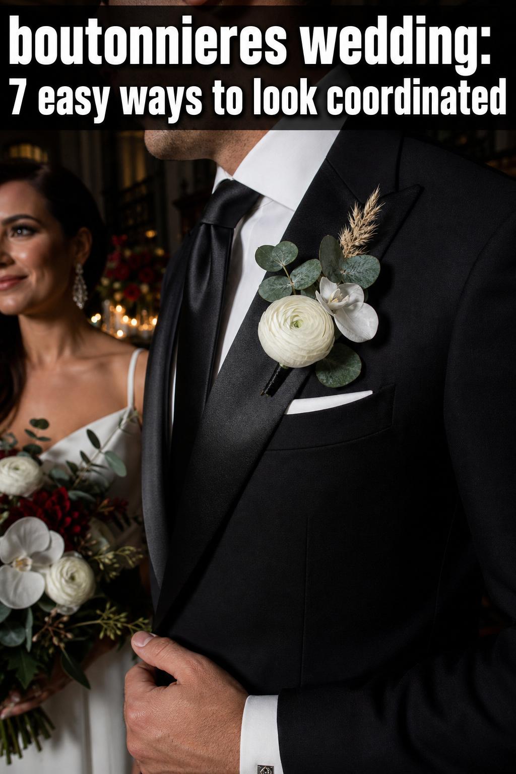 Elegant boutonnieres wedding arrangement with fresh white roses and greenery on a groom's lapel