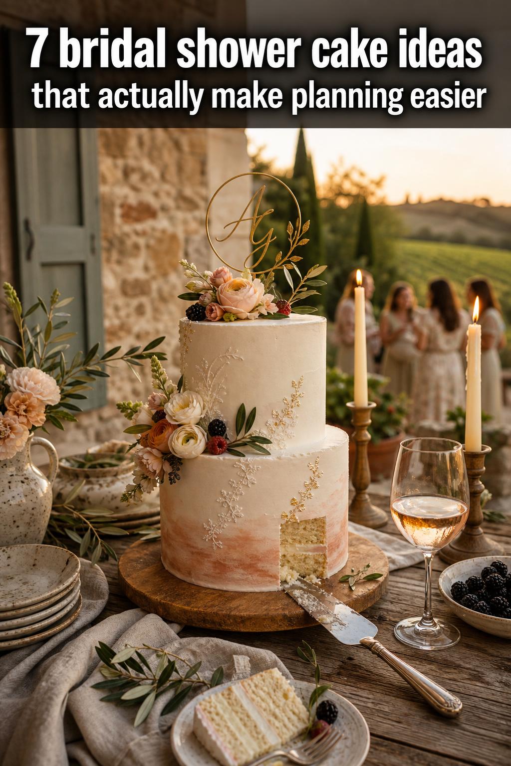 Elegant bridal shower cake ideas with a white buttercream tiered cake, fresh flowers, and gold accents on a dessert table