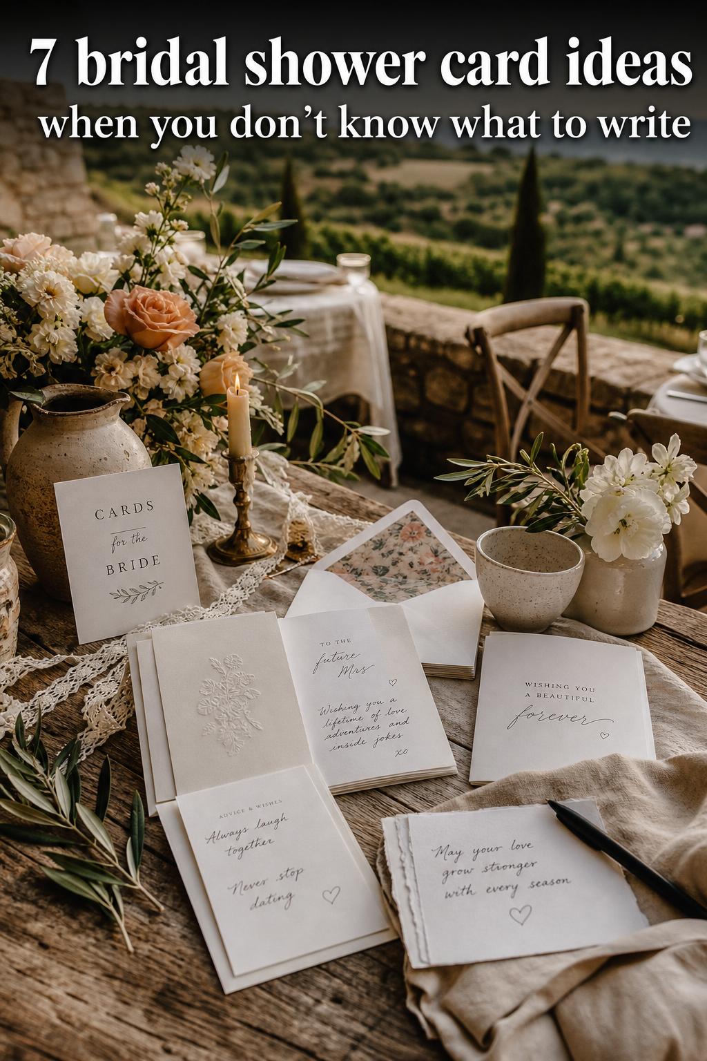 Elegant bridal shower card ideas featuring a floral handwritten greeting on a blush invitation card