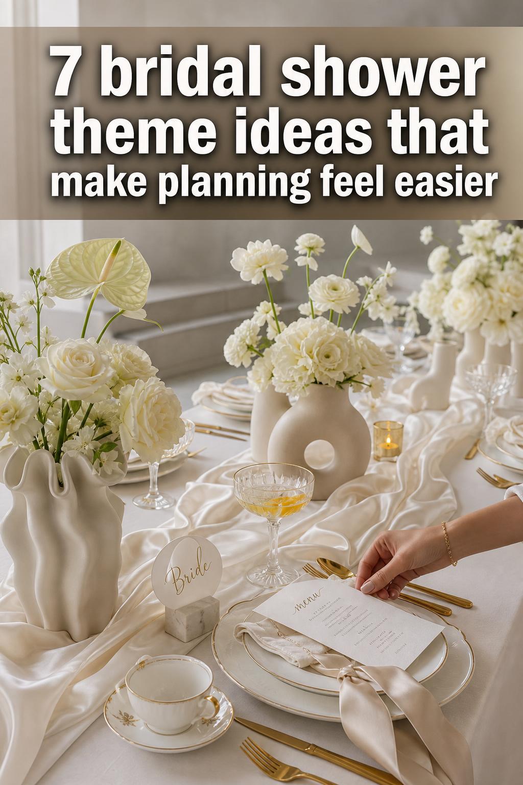 Elegant bridal shower theme ideas with floral table decor, pastel balloons, and a dessert spread in a bright venue