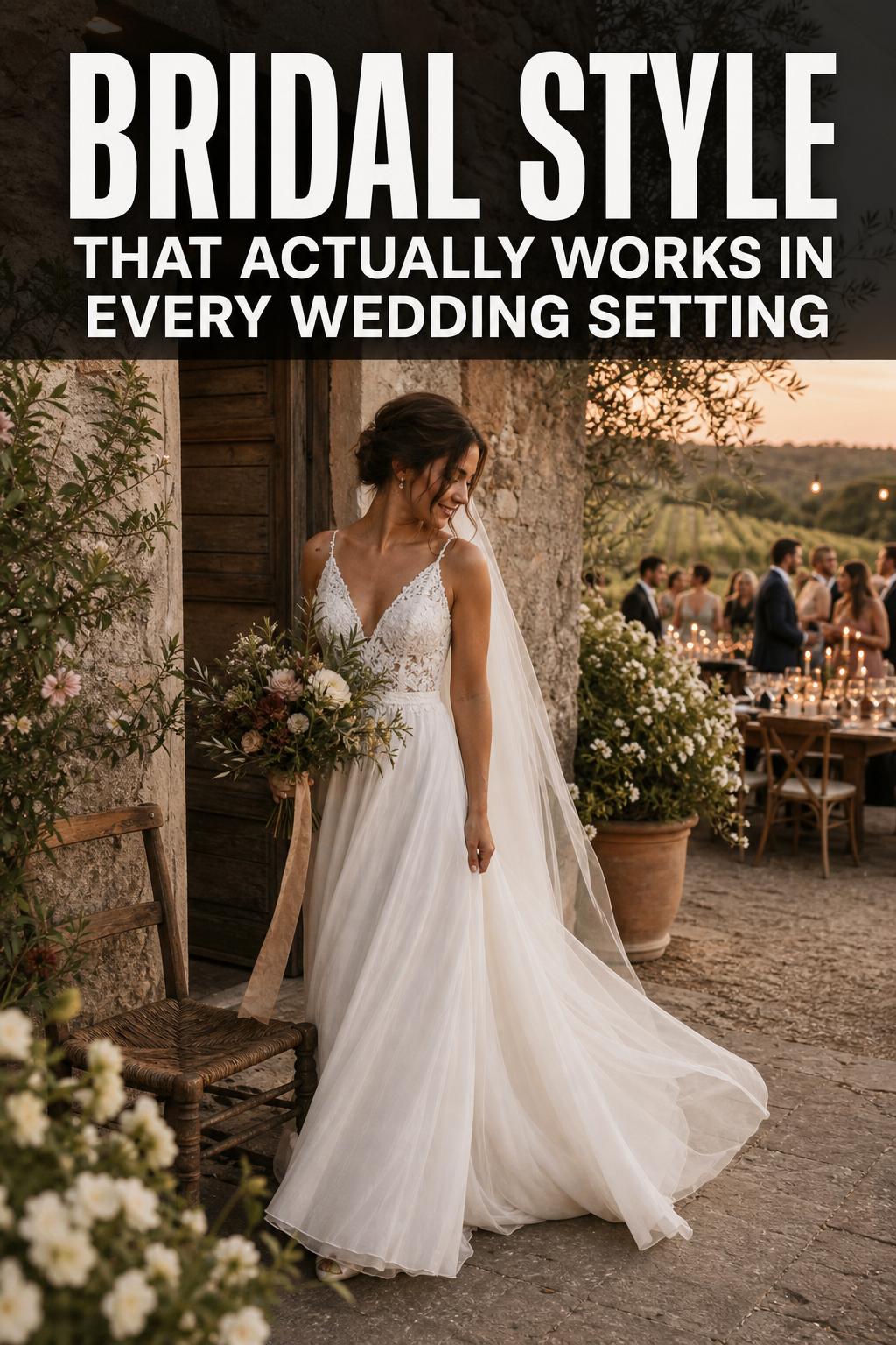 Elegant bridal style with a lace wedding gown, soft makeup, and bouquet in warm natural light