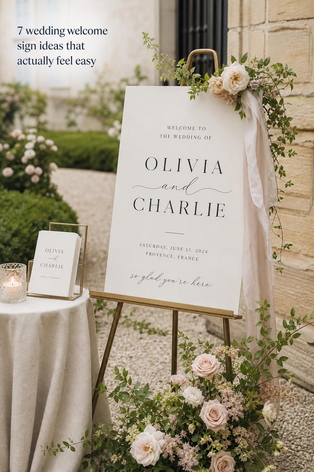 Wedding welcome sign on slim easel at elegant garden estate entrance with ivory board, floral accents, and matching stationery