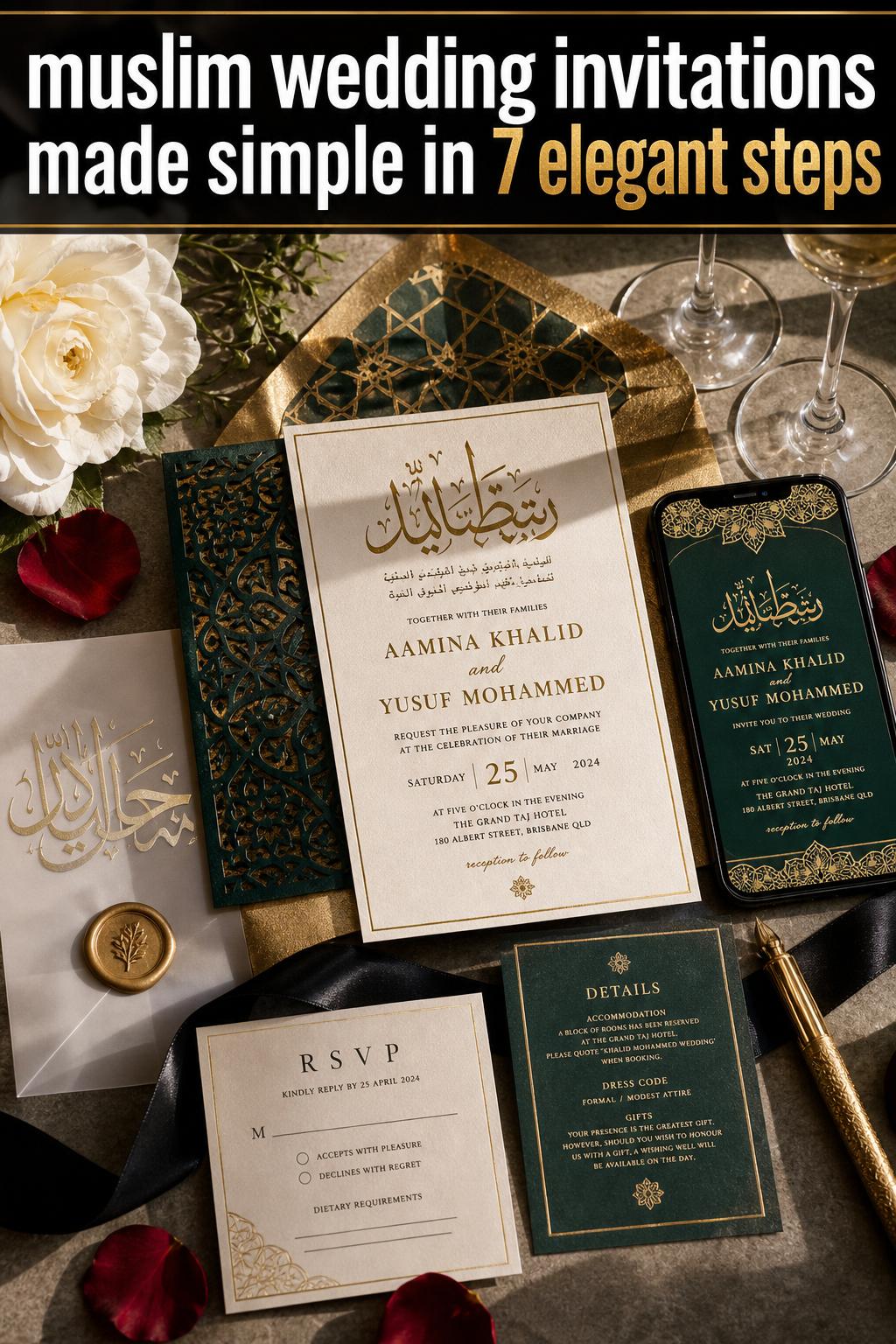 Elegant muslim wedding invitations arranged on a wooden table with gold accents and floral details