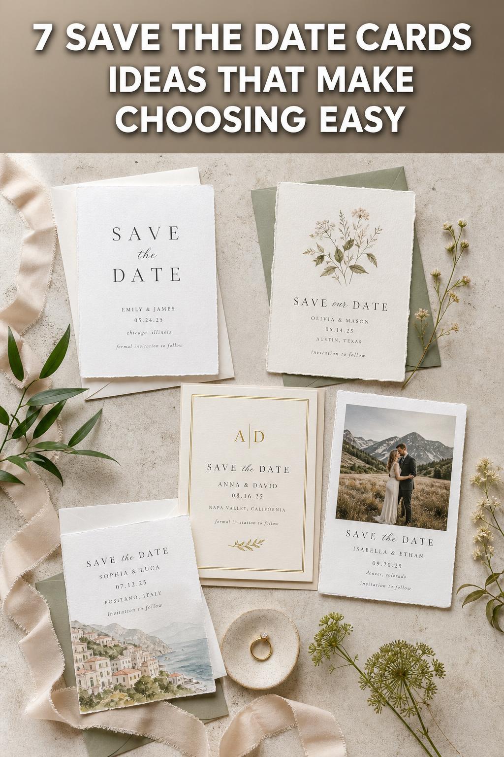 Elegant save the date cards arranged on a wooden table with floral accents, photographed in natural light