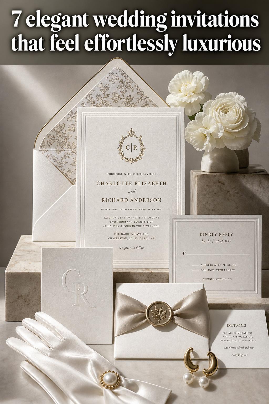Elegant wedding invitations arranged on a soft linen background with delicate calligraphy and floral accents