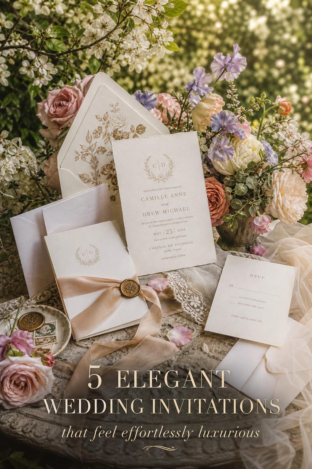 Elegant wedding invitations flat lay on antique stone table in a dreamy garden with blush florals, wax seal, and silk ribbon