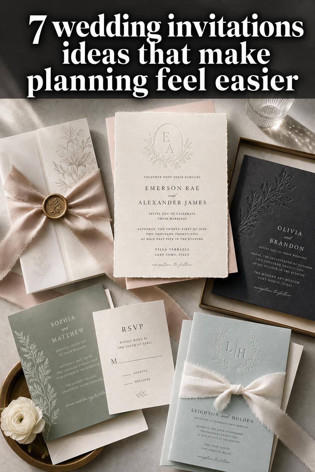 Elegant flat lay of wedding stationery with calligraphy, wax seal, and greenery for wedding invitations ideas