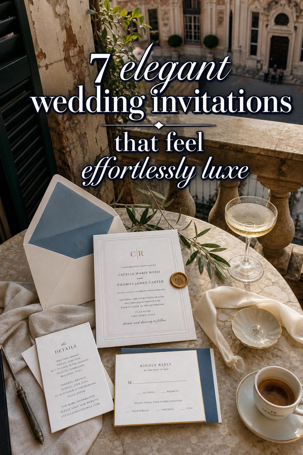 Elegant wedding invitations on a sunlit Italian terrace café table with espresso, champagne, silk ribbon, and wax seal