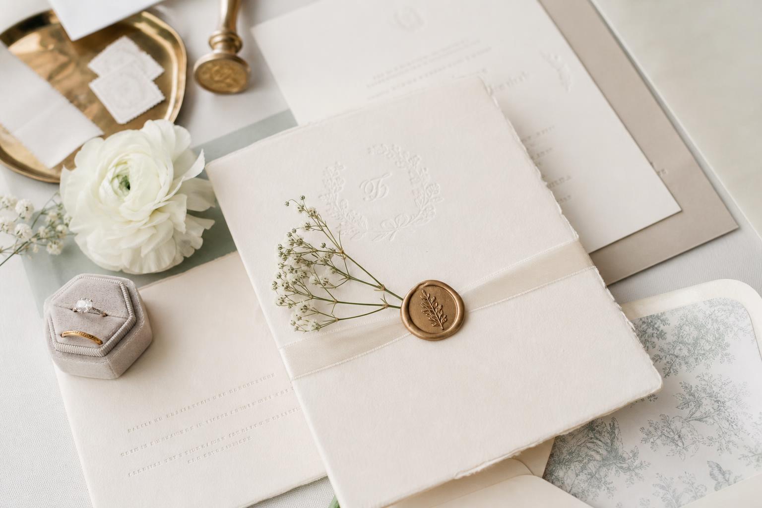 Elegant wedding invitations on ivory cotton stock with letterpress details, foil monogram, and wax seal on a clean tabletop