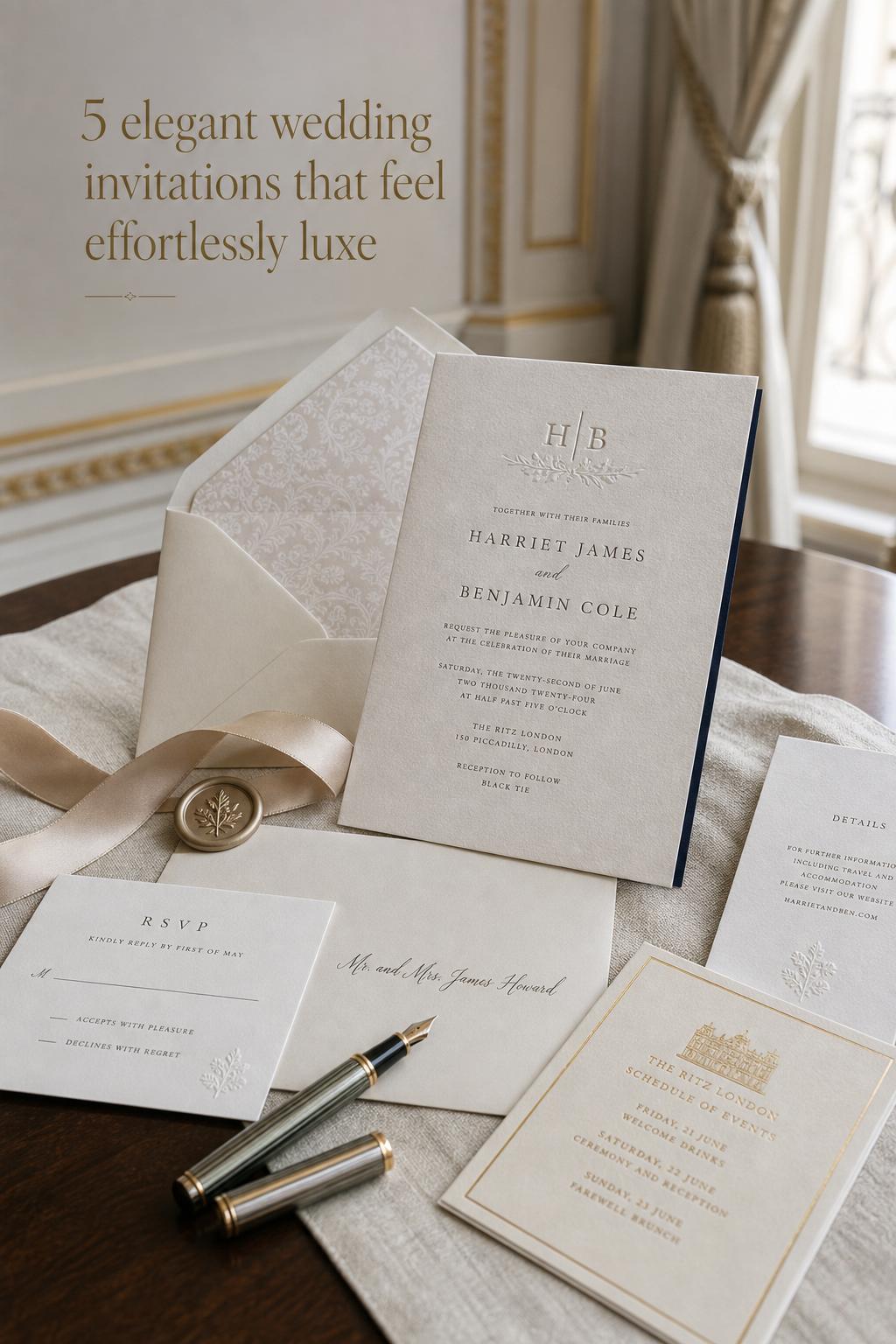 Elegant wedding invitations suite on ivory linen with wax seal, silk ribbon, and handwritten envelope in soft window light