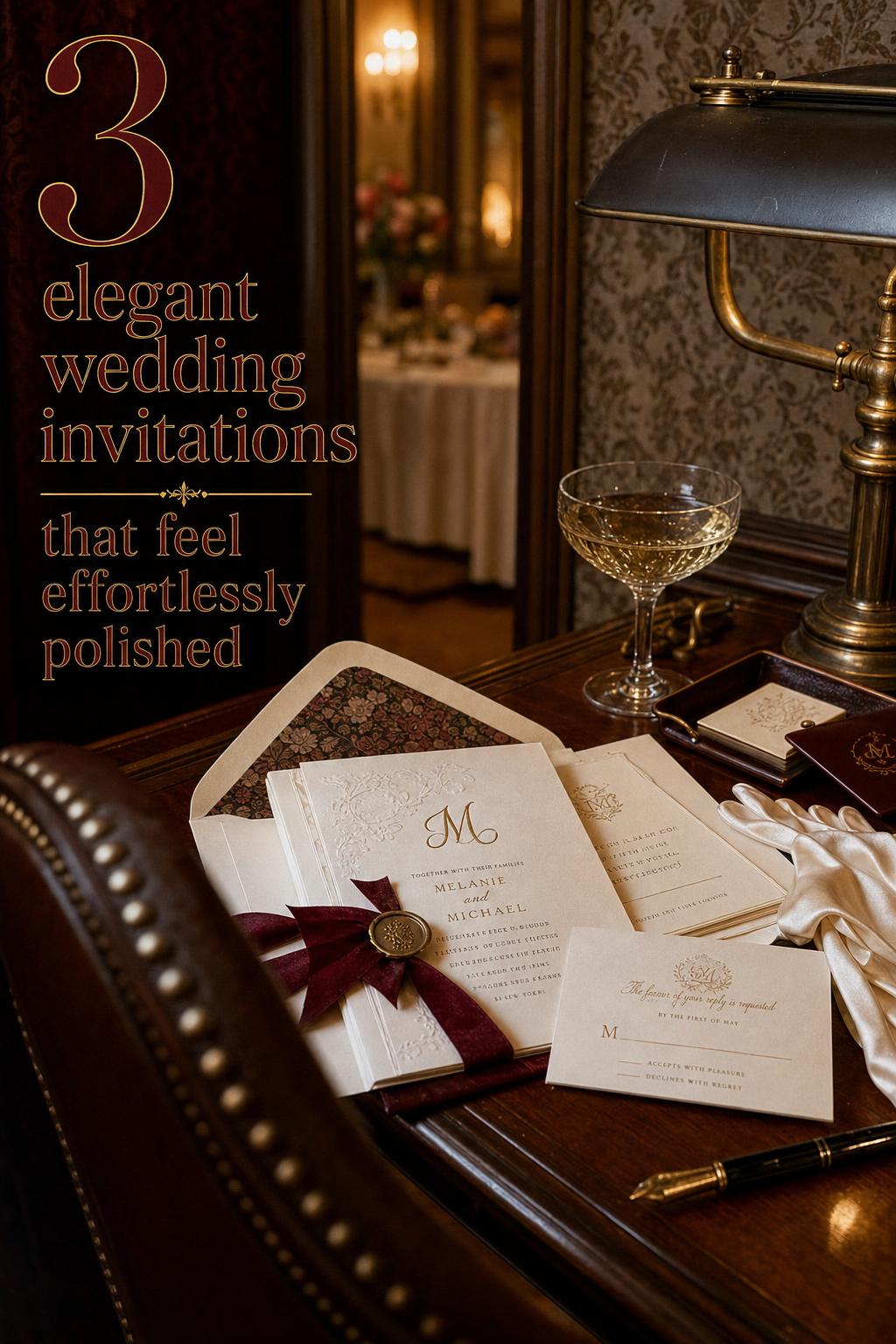Elegant wedding invitations on a vintage hotel writing desk with wax seal, gold monogram, champagne coupe, and brass lamp