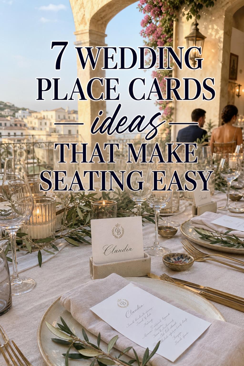 Elegant wedding place cards on a Mediterranean terrace reception table with calligraphy, ivory paper, and soft sunset glow