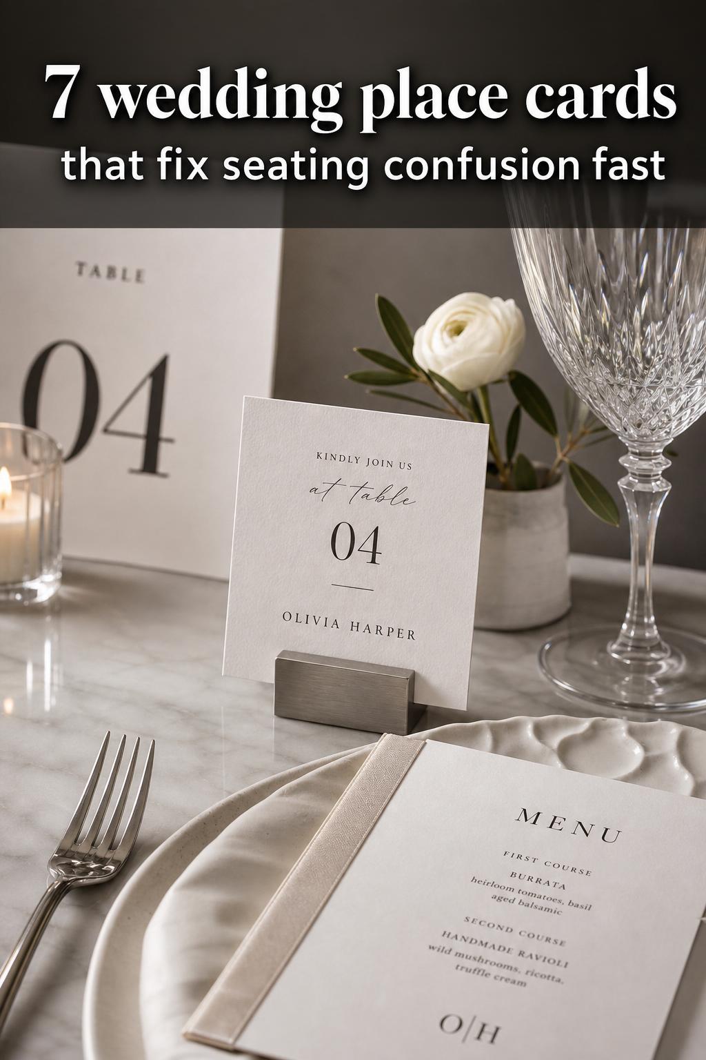 Elegant wedding place cards on a banquet table with floral decor