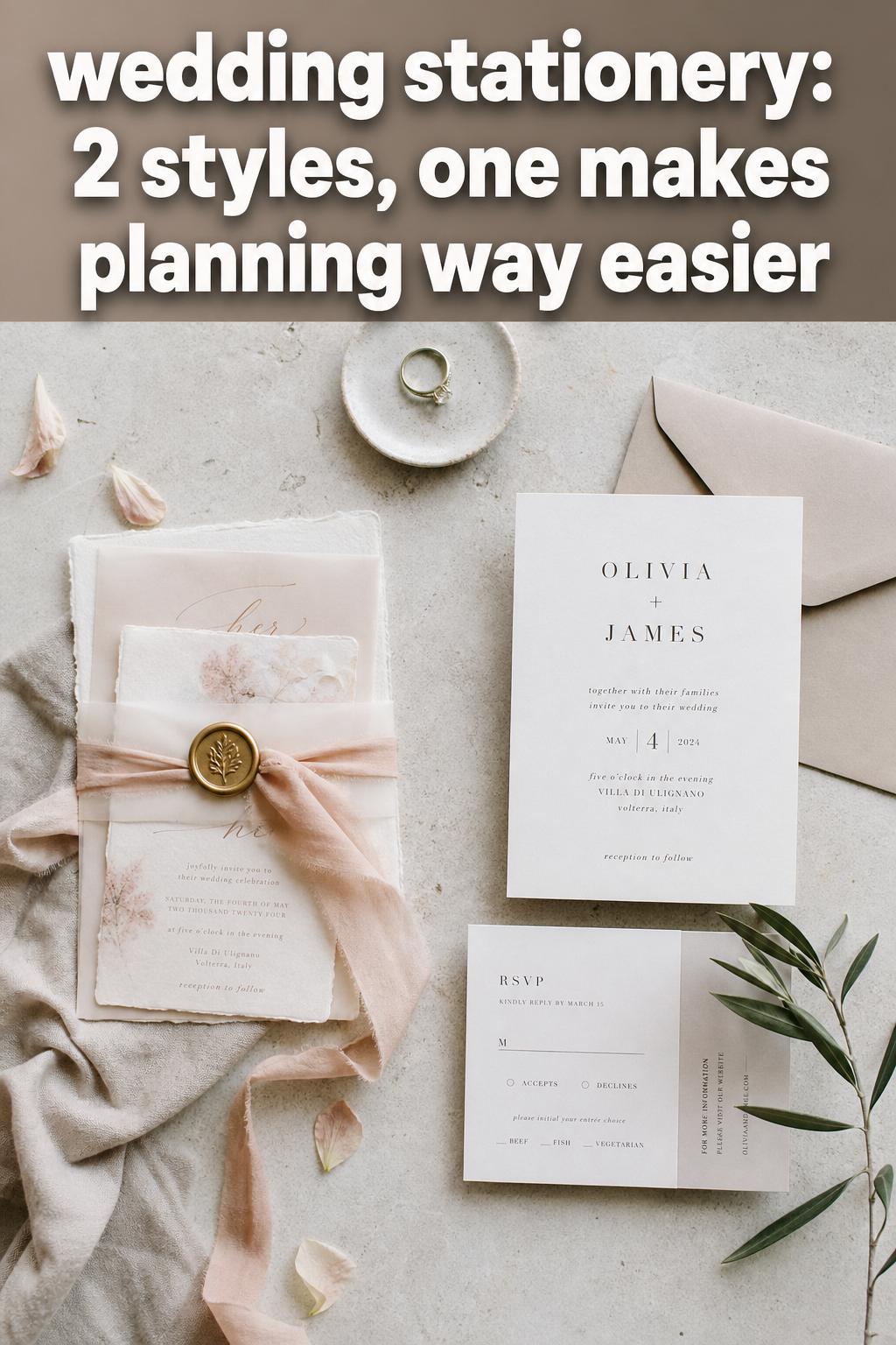 Elegant wedding stationery suite with invitation, RSVP card, envelope and wax seal on a neutral tabletop