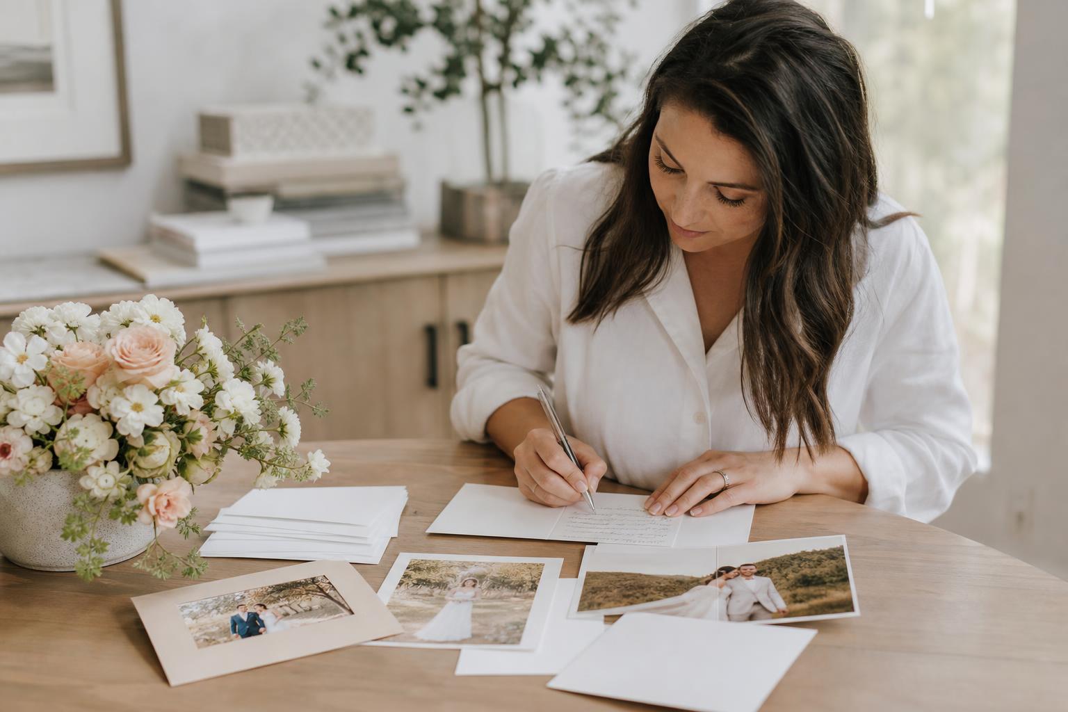 Elegant wedding thank you cards with handwritten notes and envelopes on a light desk, classic stationery flat lay