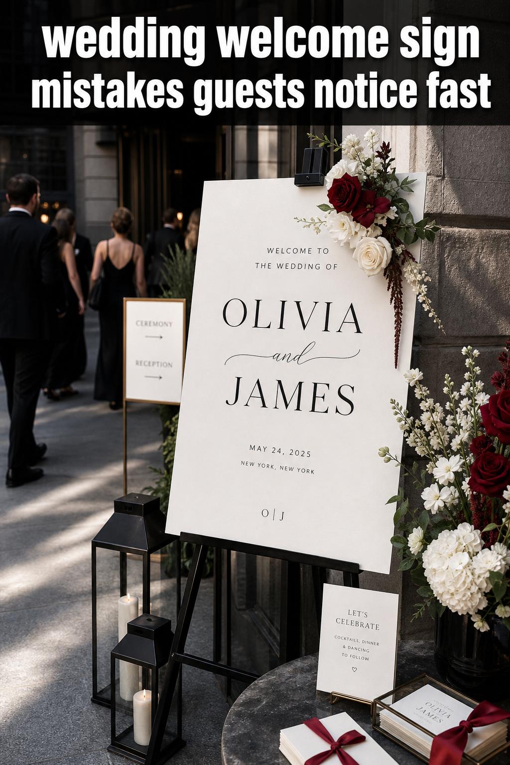 Elegant wedding welcome sign at the entrance with floral decor and soft lighting