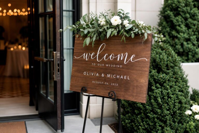Elegant wedding welcome sign at a venue entrance with floral styling and clear modern lettering