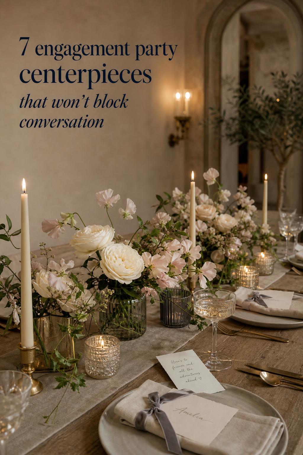 Engagement party centerpieces on a candlelit dining table with low florals, taper candles, and elegant place settings