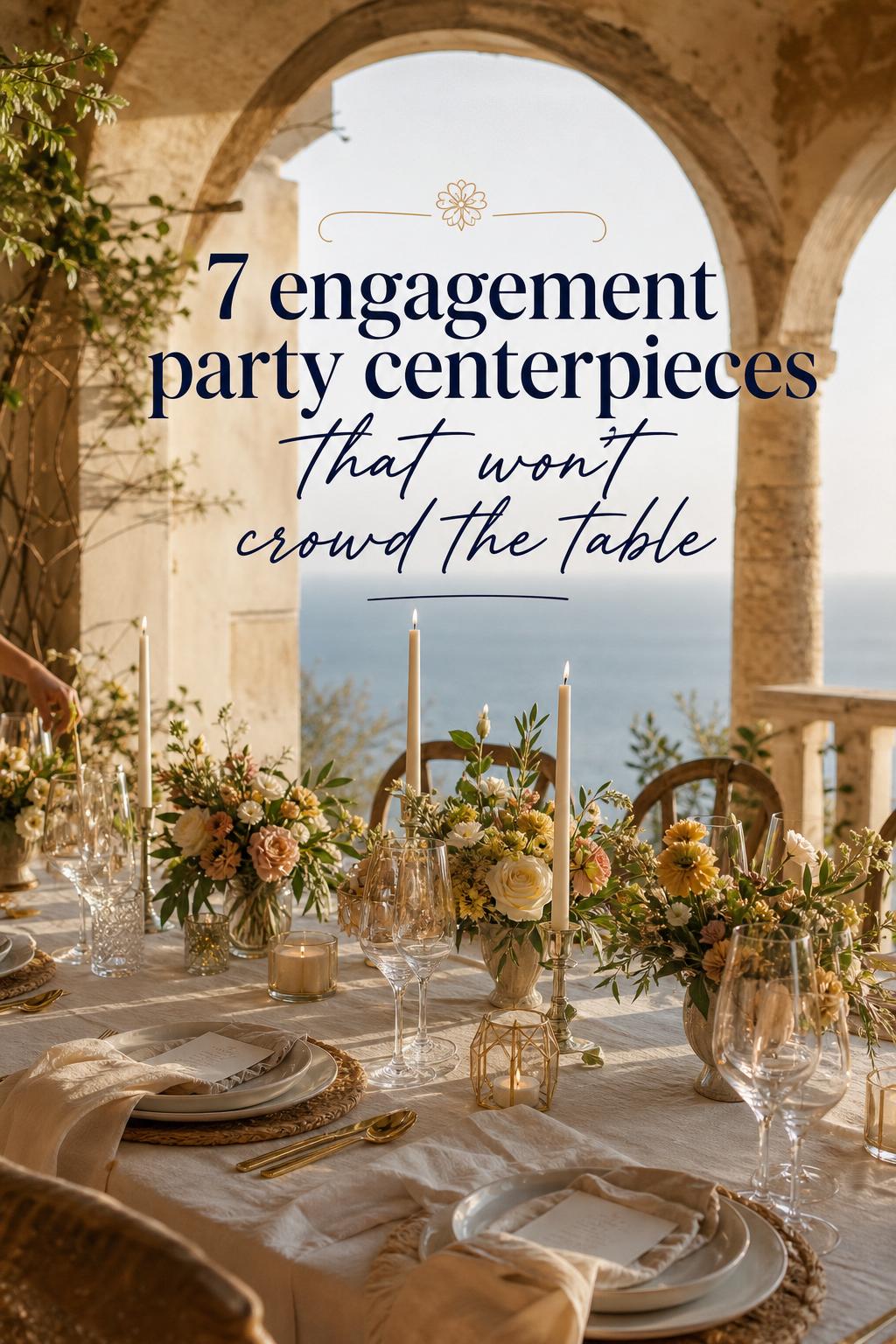 Engagement party centerpieces on a candlelit Mediterranean villa terrace table at golden hour, low florals and taper candles.