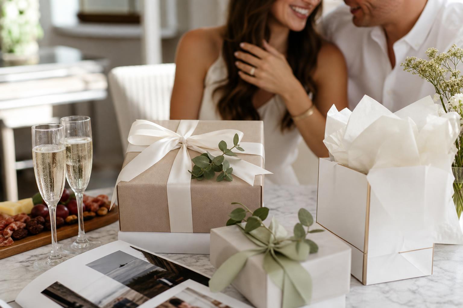 Engagement party gift ideas with champagne, toasting glasses, and a personalized keepsake on an elegant gift table