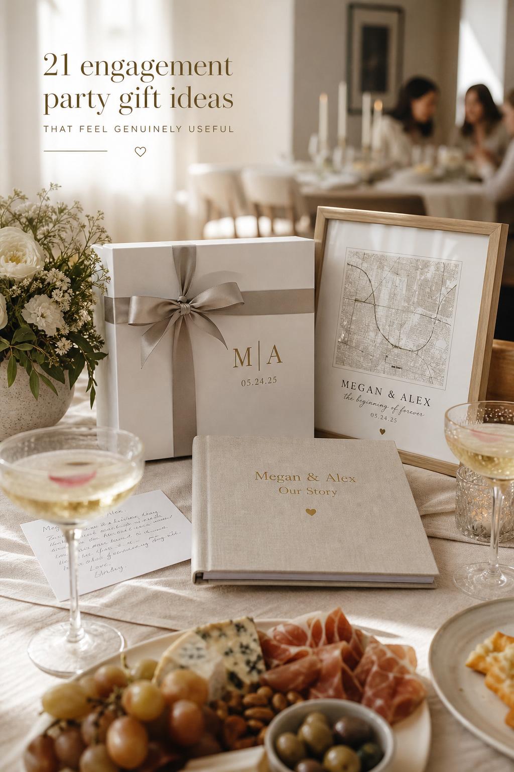Engagement party gift ideas vignette with wrapped keepsake box, linen photo book, framed map print and champagne on a sunlit table