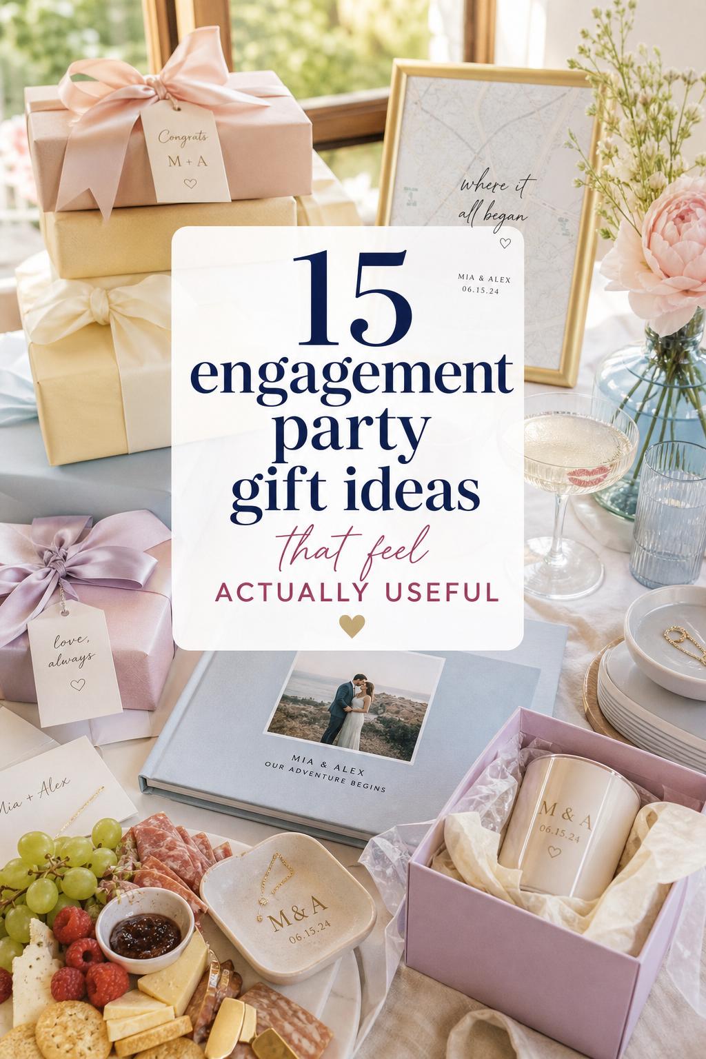 Engagement party gift ideas styled on a sunlit table with pastel wrapped gifts, champagne coupes, florals, and keepsakes