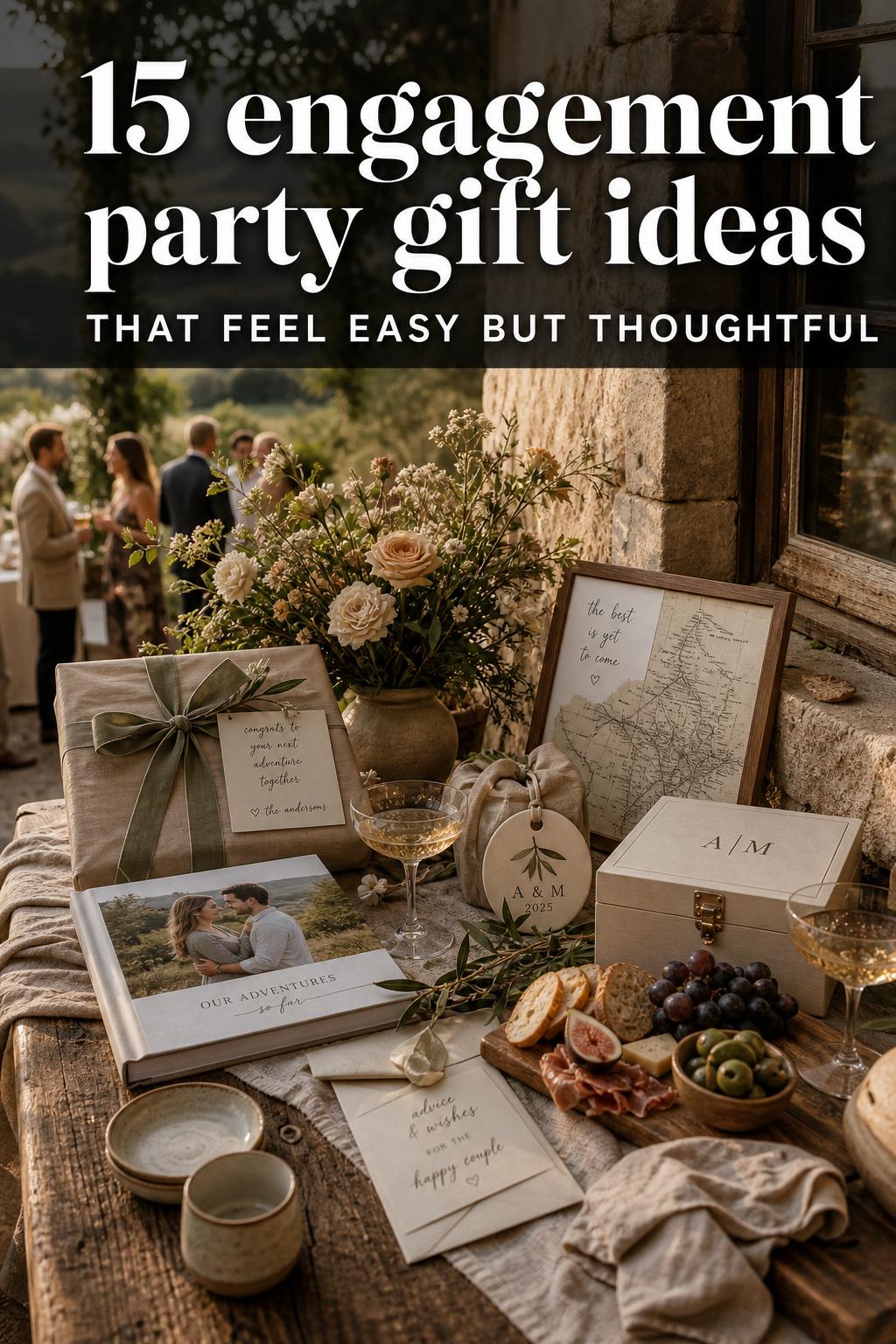 Engagement party gift ideas displayed on a table with wrapped boxes, a greeting card, and flowers in warm light