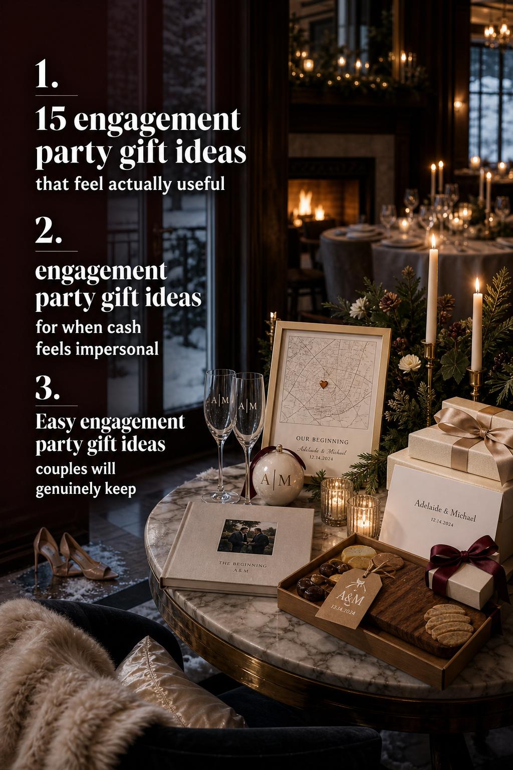 Engagement party gift ideas styled on marble table with champagne flutes, candles, winter florals, and fireplace glow