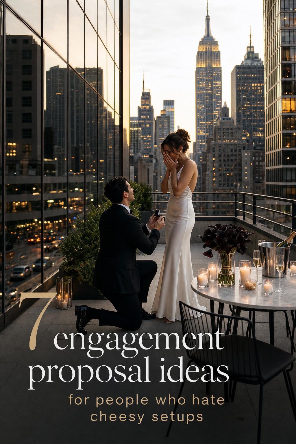 Cinematic rooftop proposal at golden hour with chic candlelit table and city skyline, engagement proposal ideas