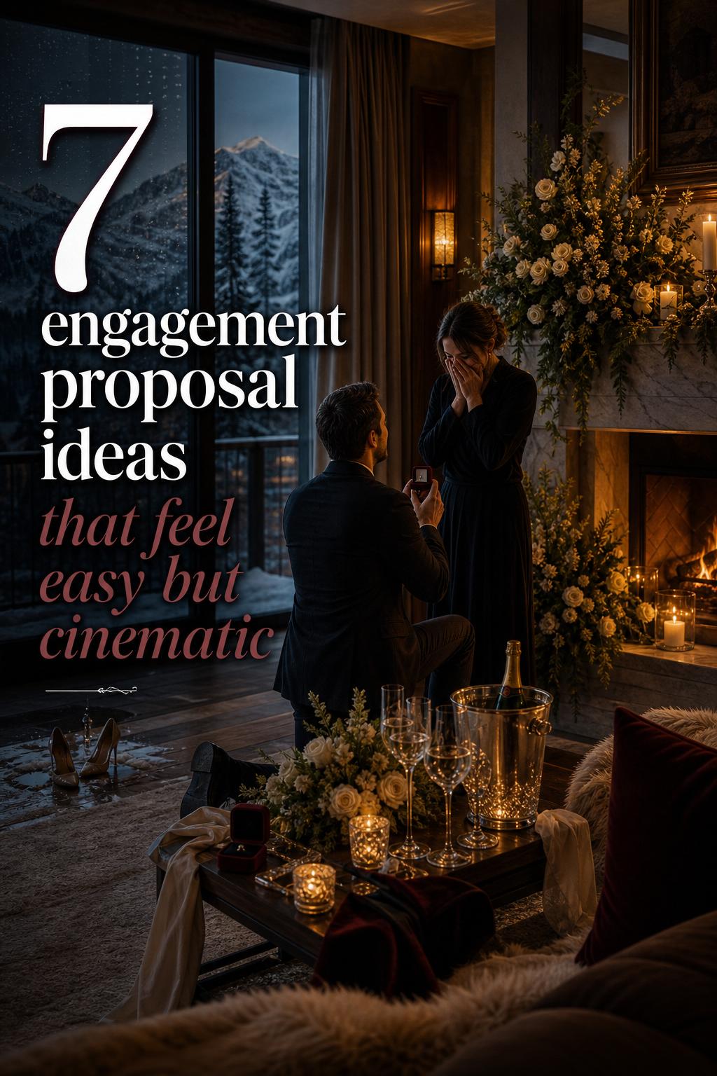 Engagement proposal ideas in a luxury winter alpine suite with candlelit setup by a glowing fireplace and snowy window view