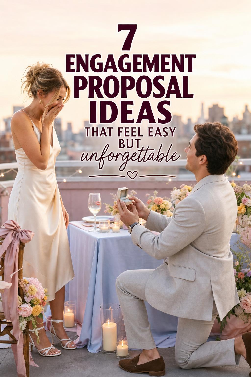 Engagement proposal ideas rooftop golden hour photo with kneeling proposer, pastel tablescape, candles, ring box and surprised partner