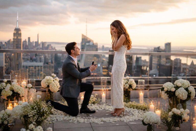 Engagement proposal ideas with a romantic candlelit home setup, roses, and a ring box ready for the big question