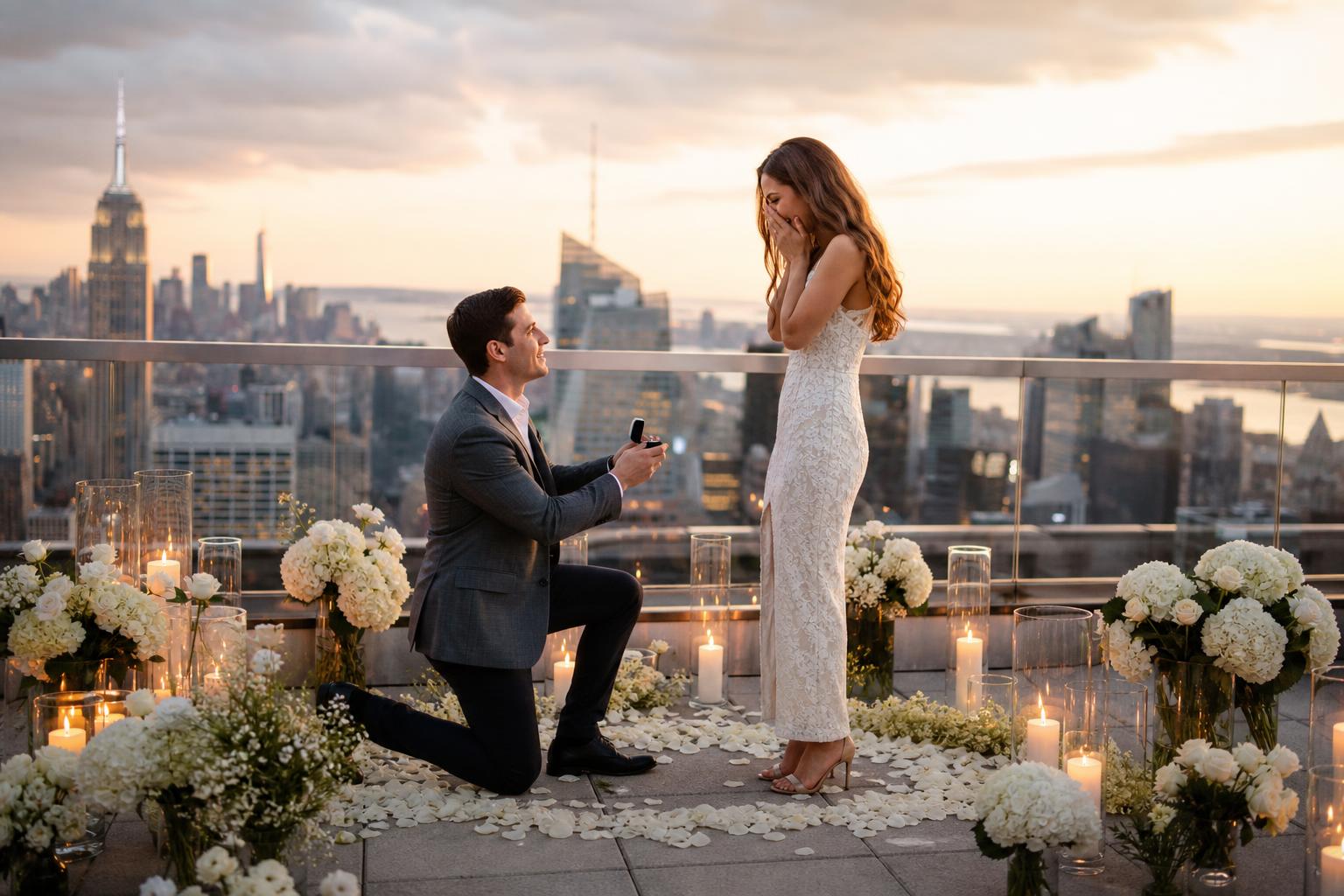 Engagement proposal ideas with a romantic candlelit home setup, roses, and a ring box ready for the big question