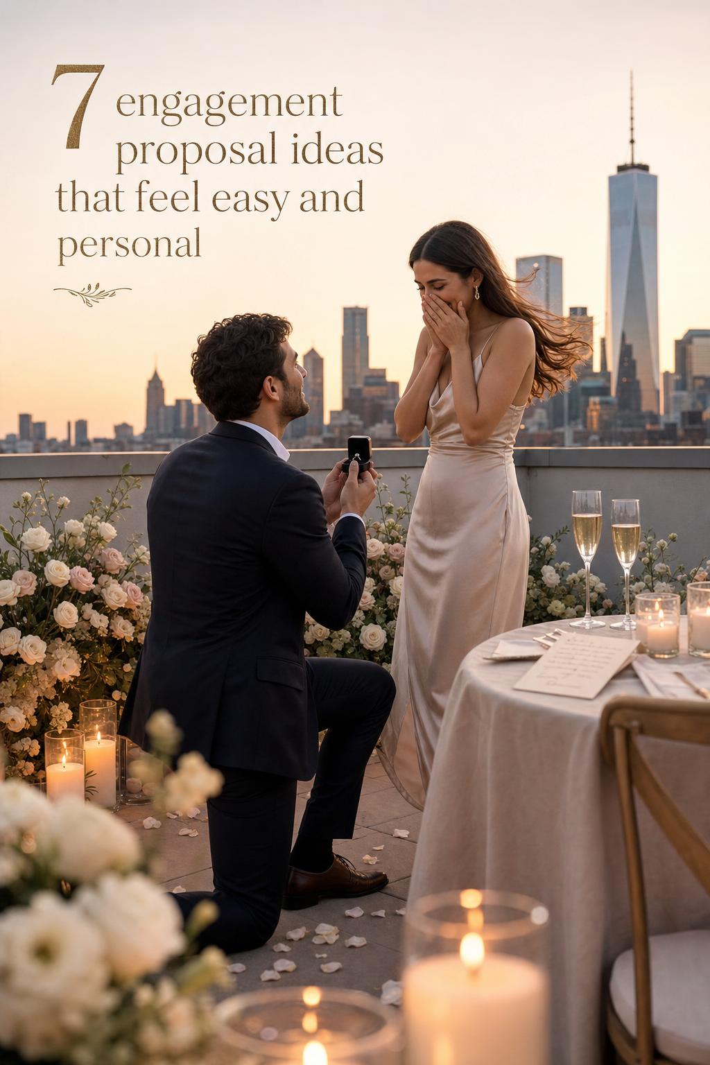 Engagement proposal ideas photo of a rooftop golden-hour proposal with candles, blush florals, and surprised partner reaction