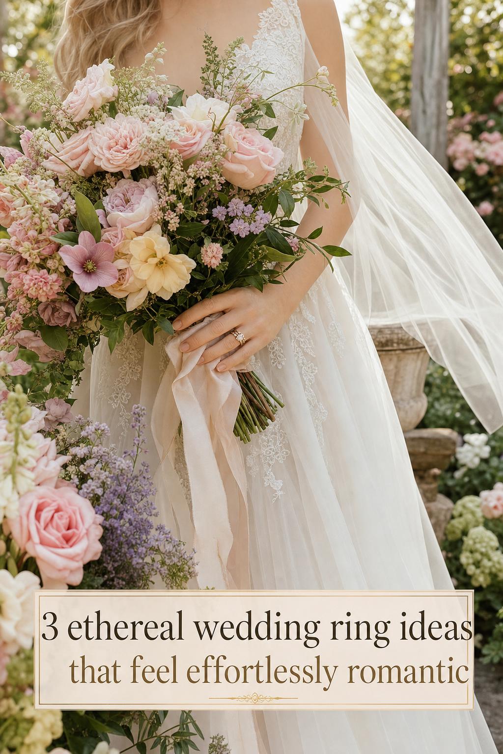 Bride holding bouquet in garden close-up highlighting an ethereal wedding ring with champagne-gold Toi et Moi diamond stack
