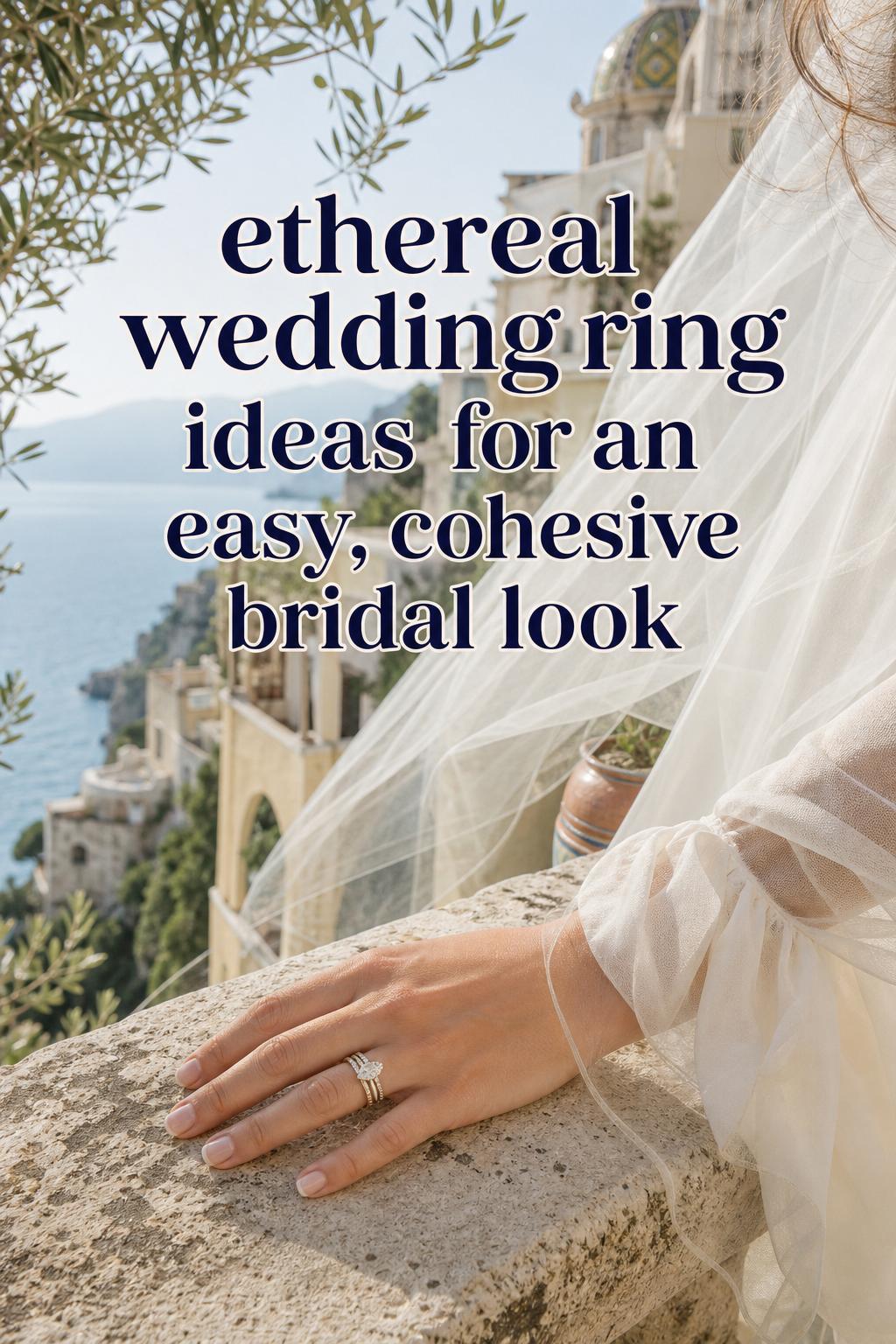 Ethereal wedding ring stack on bride’s hand at an Italian coastal villa terrace, soft veil and Mediterranean backdrop