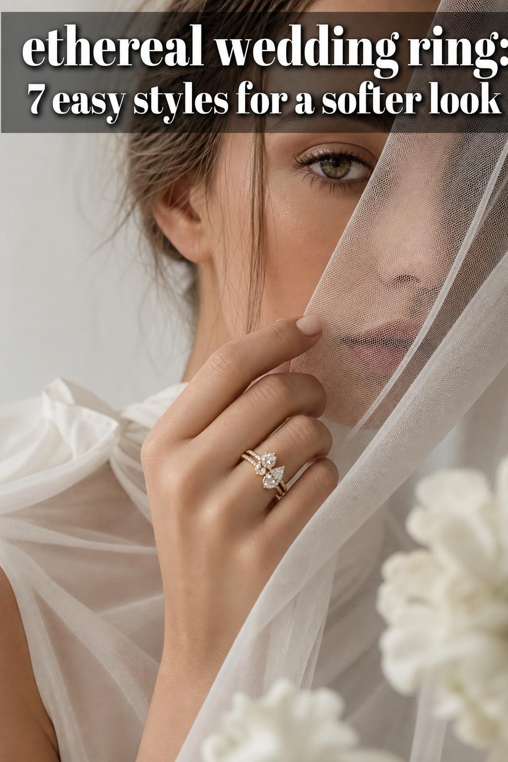 Ethereal wedding ring in soft natural light with delicate sparkle and blurred romantic background