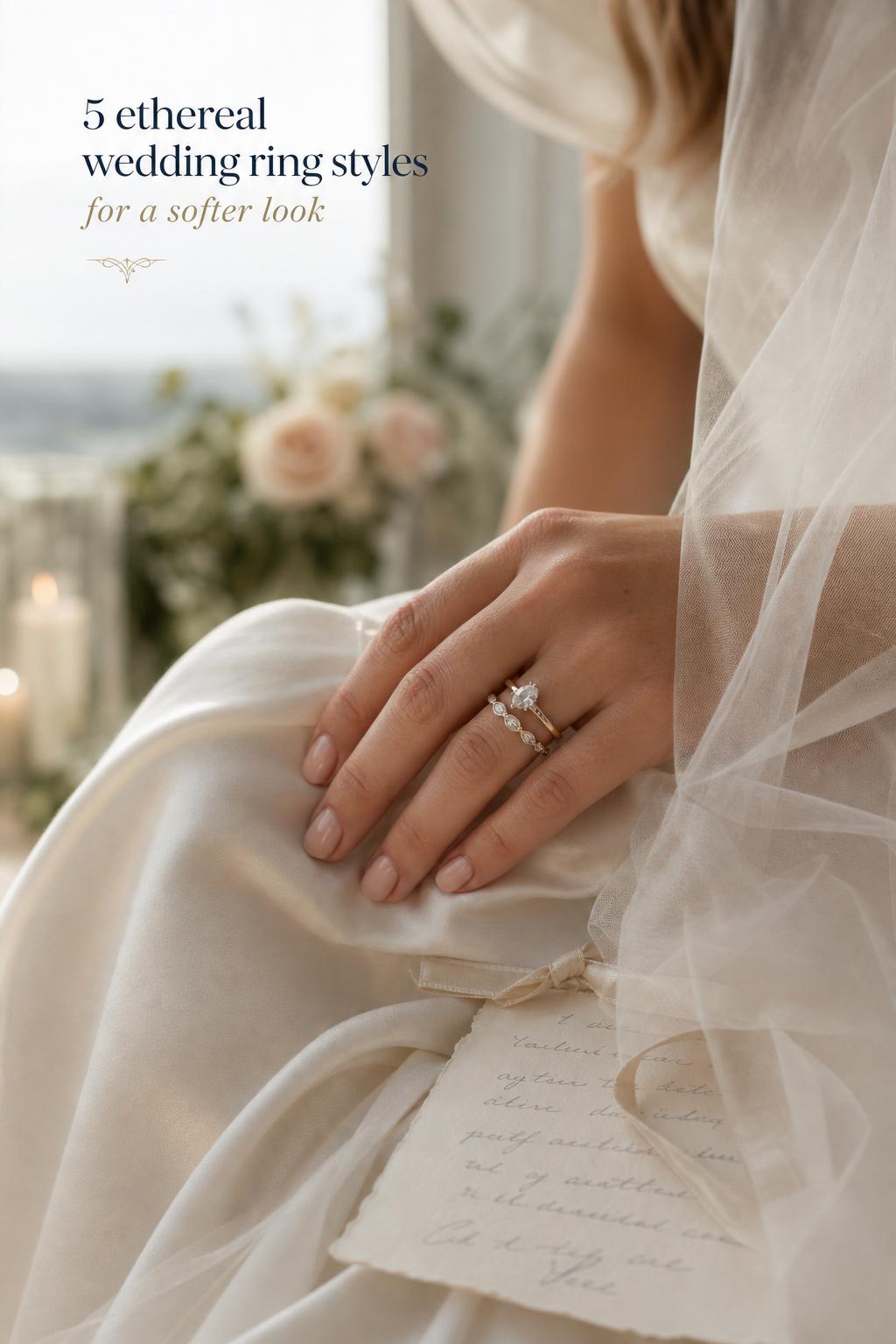 Bride’s hand on ivory silk showing an ethereal wedding ring stack in yellow gold and platinum by a garden window