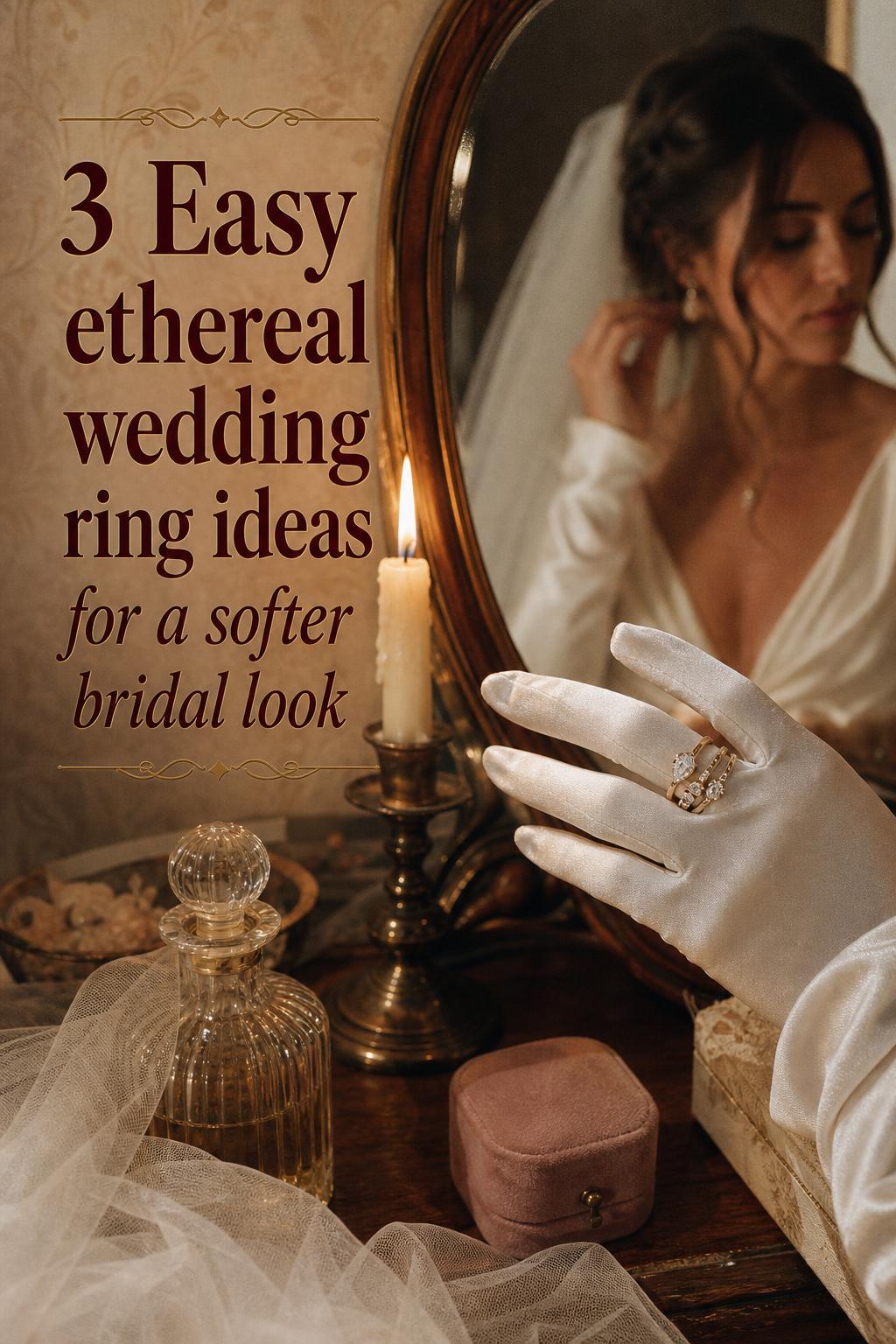 Ethereal wedding ring stack on satin-gloved bride’s hand by a candlelit vintage hotel vanity mirror