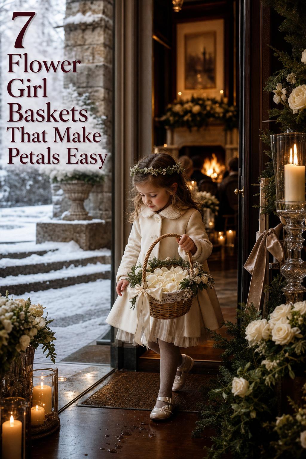 Flower Girl Baskets featured in a candlelit alpine hotel winter wedding entrance with a flower girl holding a satin-ribbon wicker basket
